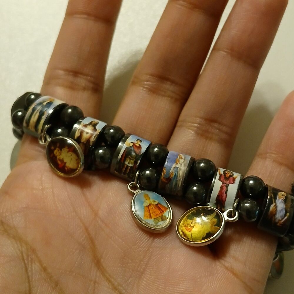 VTG Hematite Religious Icon Tile Bracelet Catholic Saints Charms Cross Stretchy - Picture 5 of 8